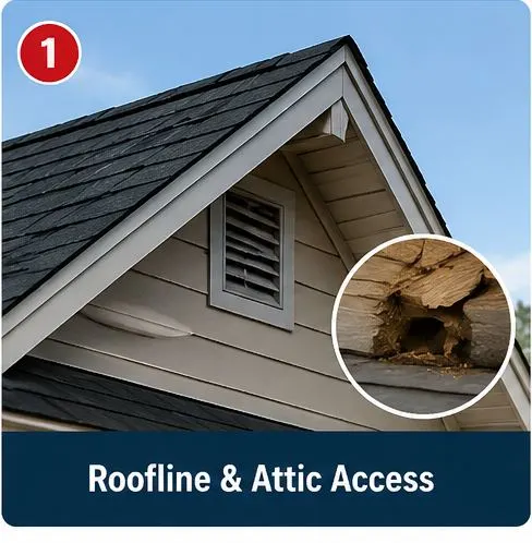 Roofline and attic entry point inspection for rodent access