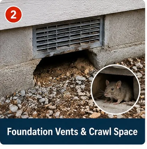 Foundation vent and crawl space inspection for rodent entry
