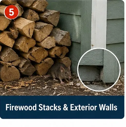 Firewood stack and exterior wall checked for rodent activity
