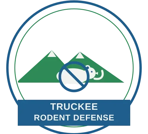 Truckee Rodent Defense logo, a badge with Sierra Nevada mountains and a rodent prohibition symbol above the business name
